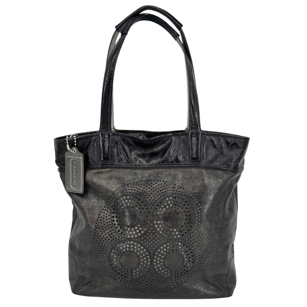 Coach Audrey Perforated Leather Tote Bag Large Black Grey Y2K Boho Chic Luxury